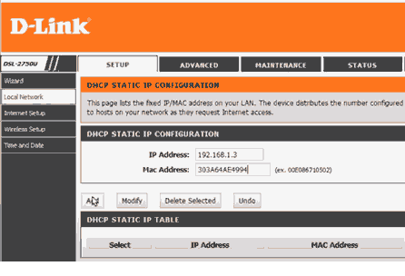 D-Link: DHCP static IP configuration